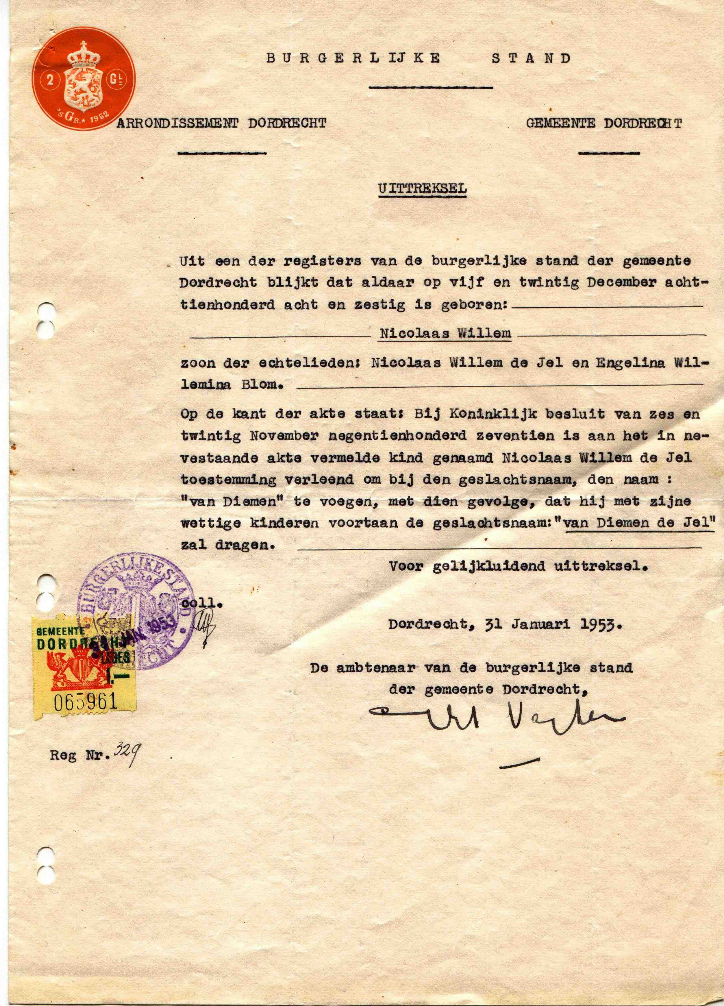 Extract from Public Records on the name Van Diemen de Jel